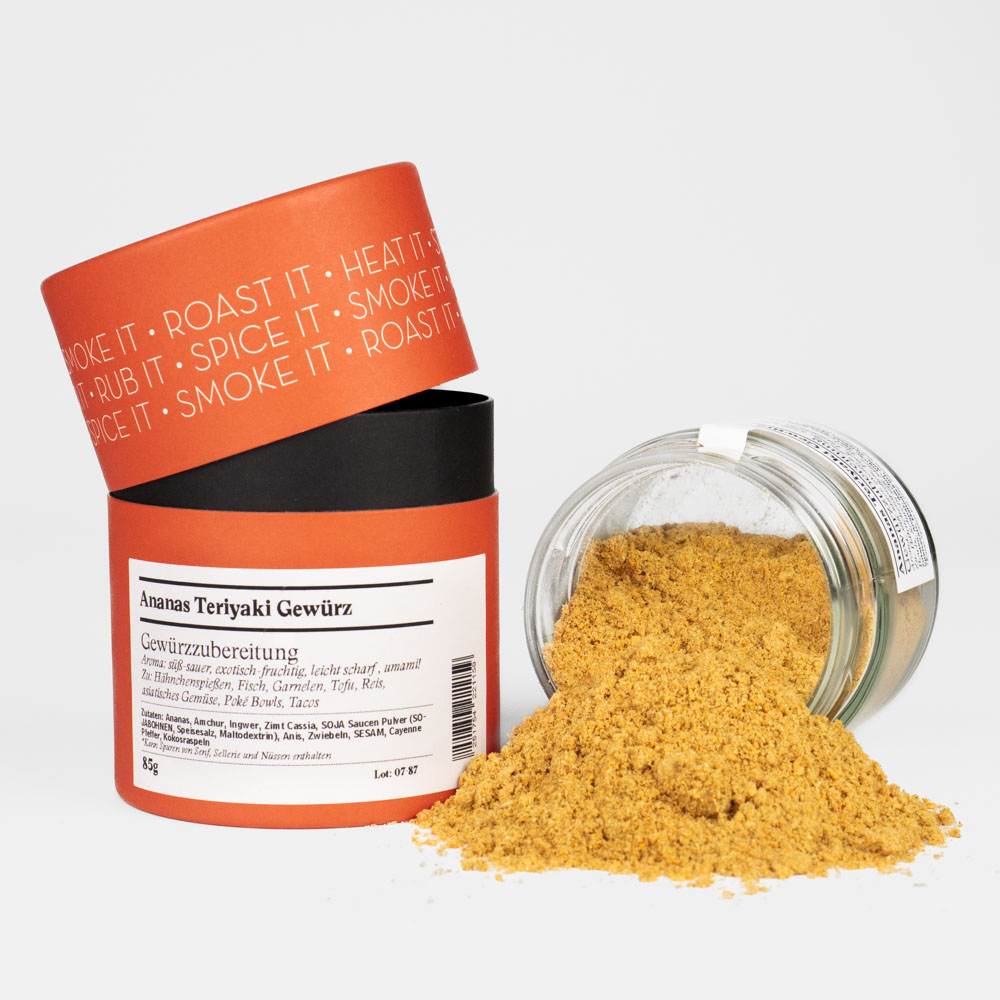Ananas Teriyaki Gewürz – offenes Gewürzglas mit Gewürzdose daneben