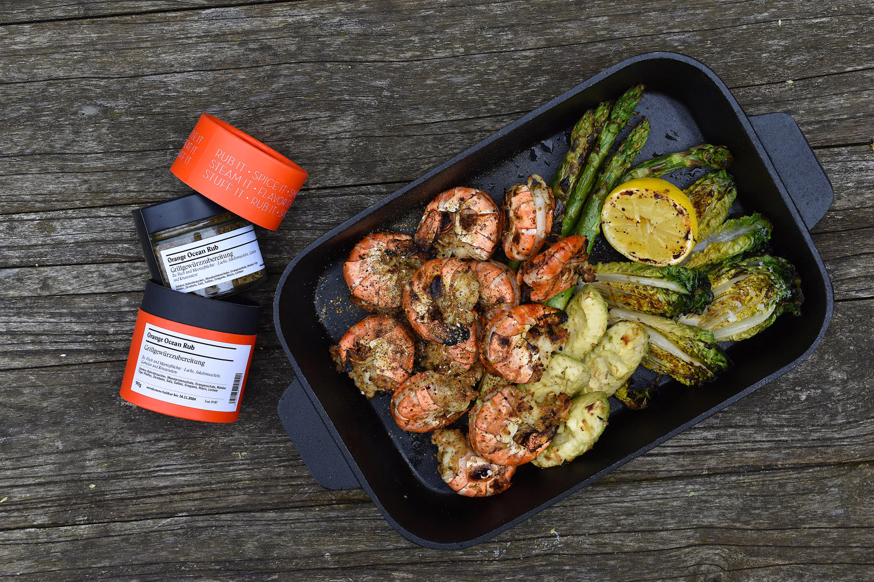 Garnelen | Spargel | Romanasalat | Orange Ocean Rub