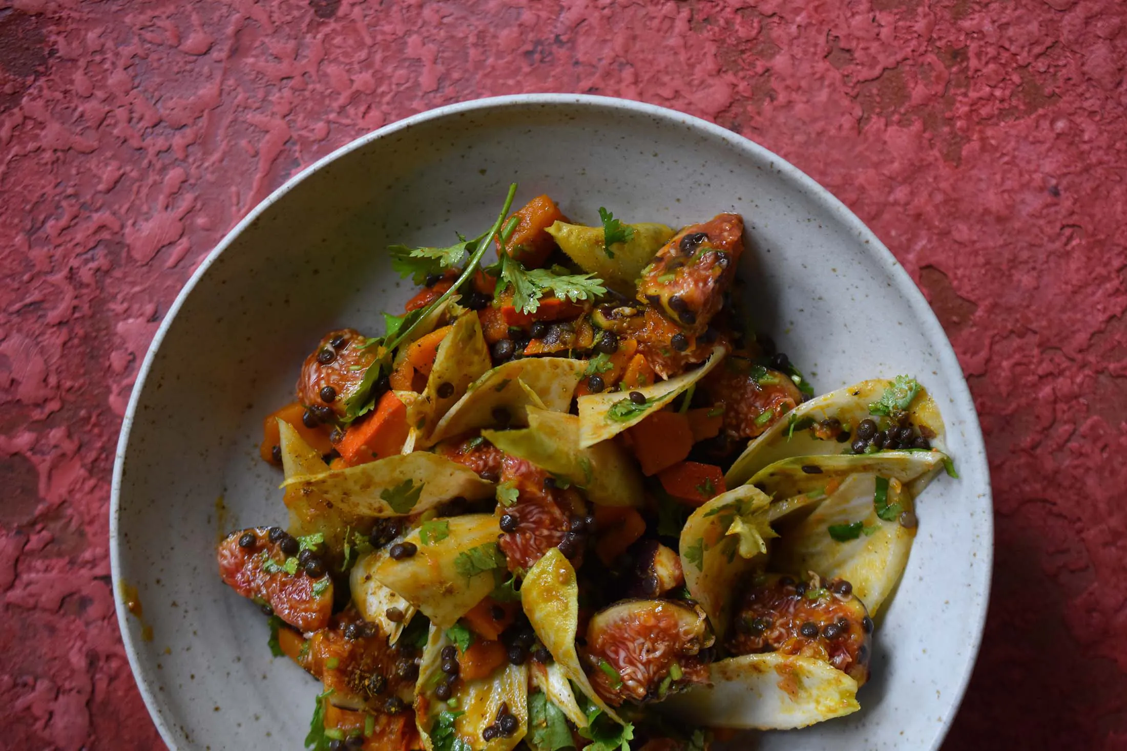 Kürbis-Linsen-Salat | Feigen | Chicorée | Ras el Hanout | Rosenharissa
