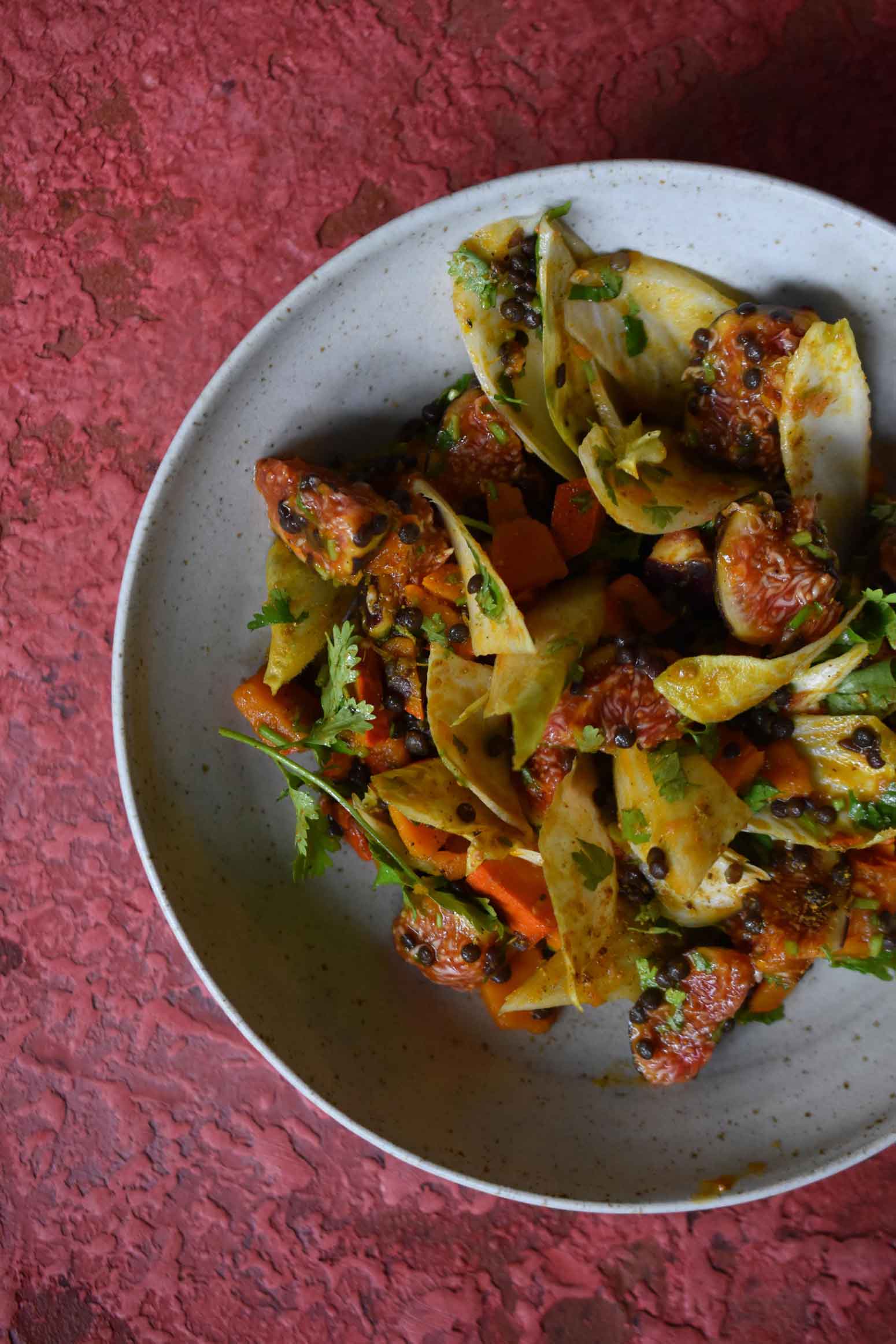Kürbis-Linsen-Salat | Feigen | Chicorée | Ras el Hanout | Rosenharissa