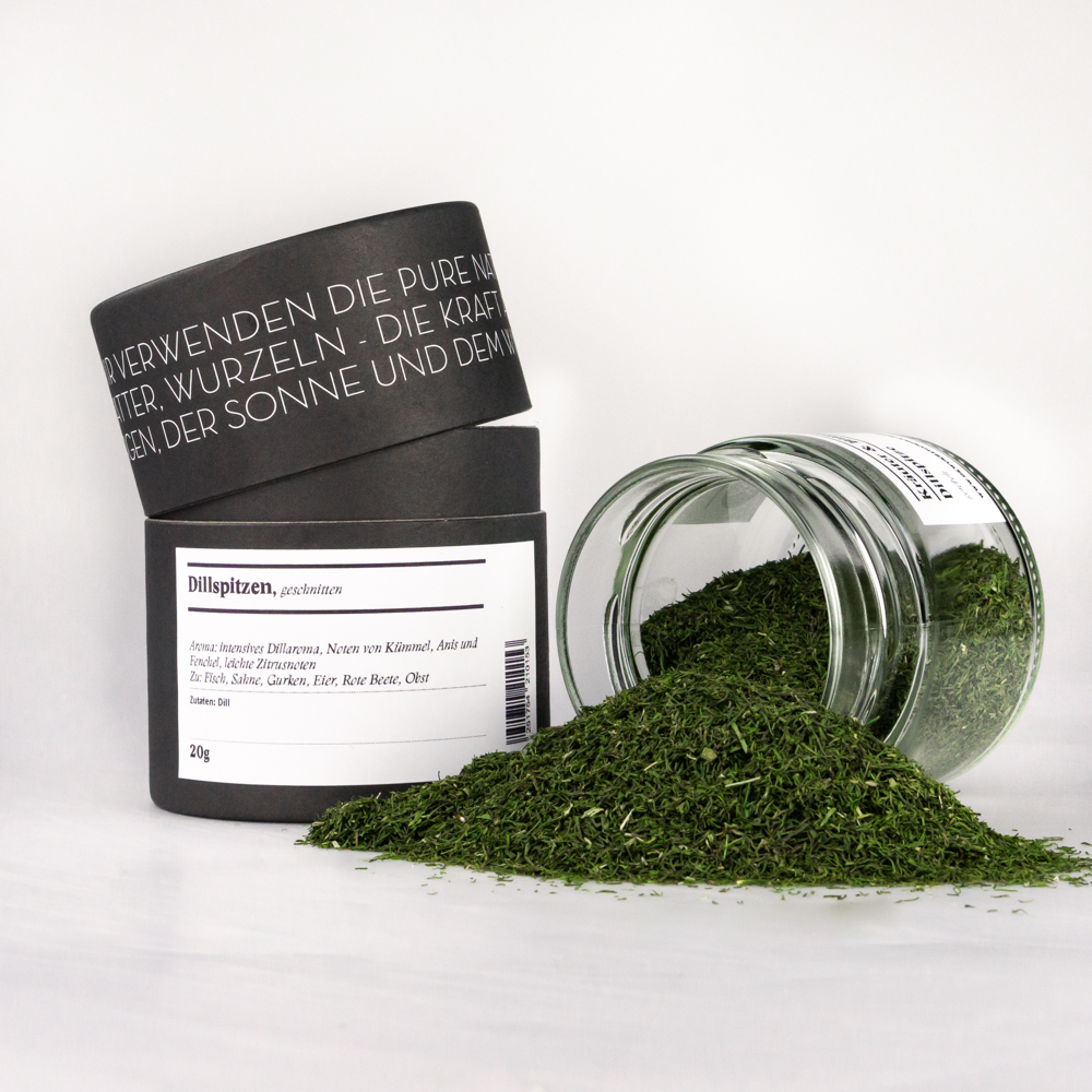 Dillspitzen, geschnitten Dillspitze, geschnitten – offenes Gewürzglas mit Gewürzdose daneben