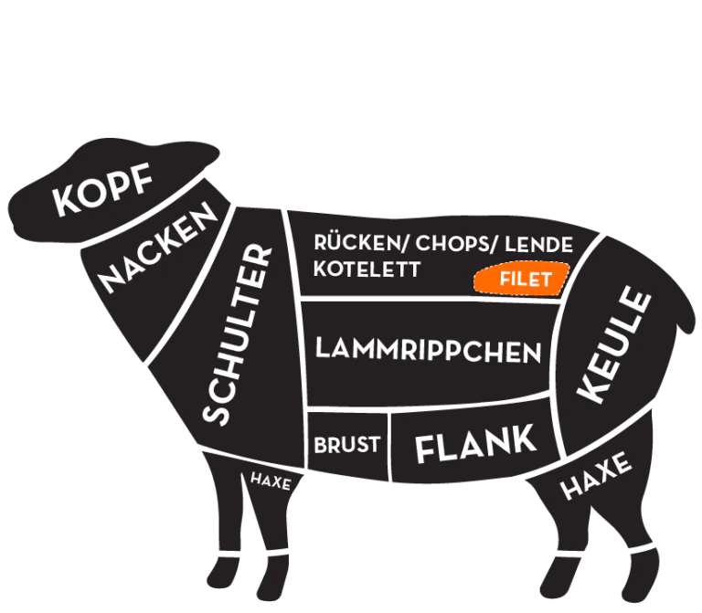 Illustration eines Lammes mit Einteilung der Fleischbereiche