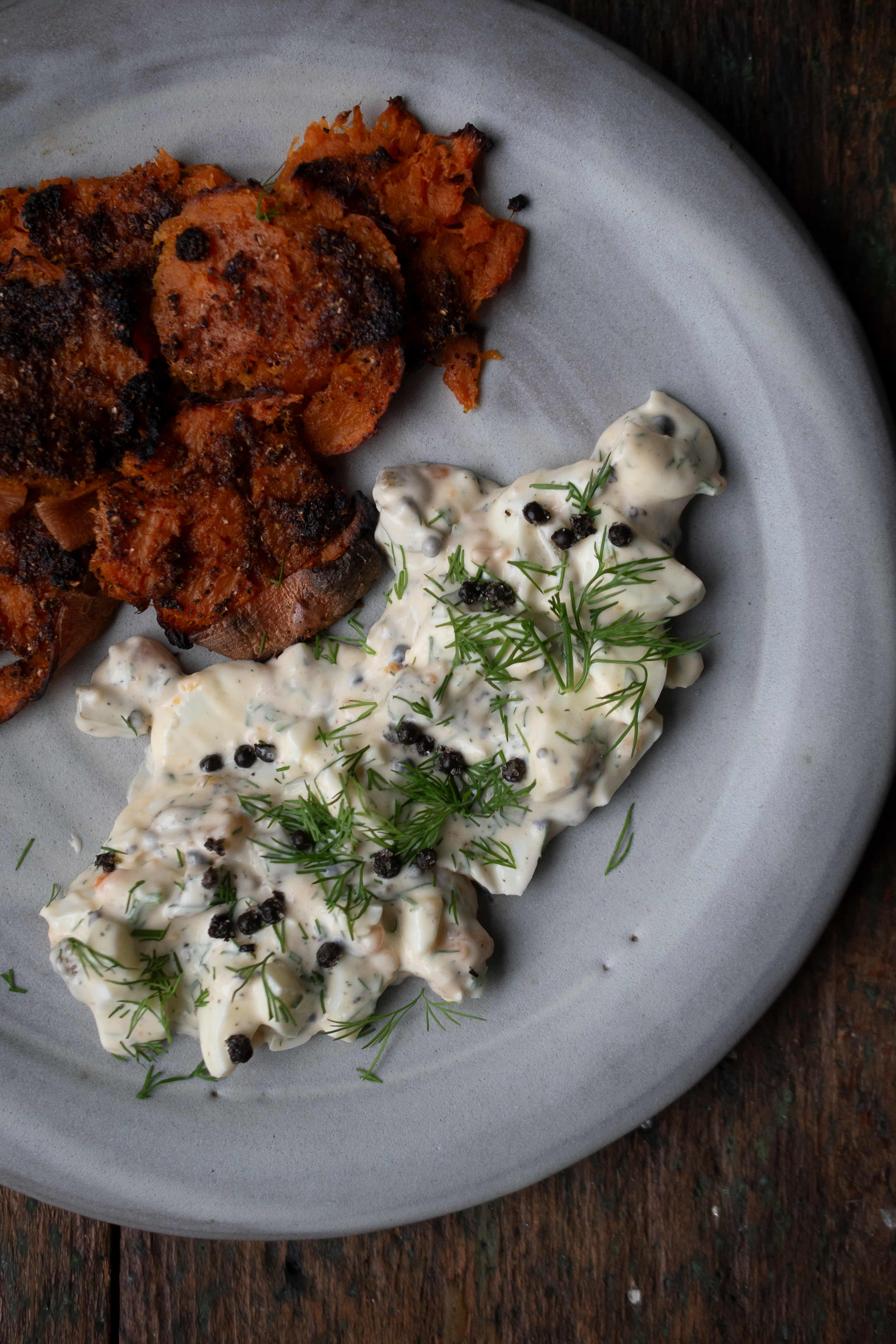 Eiersalat | Süßkartoffel | Fermentierter Kampot Pfeffer