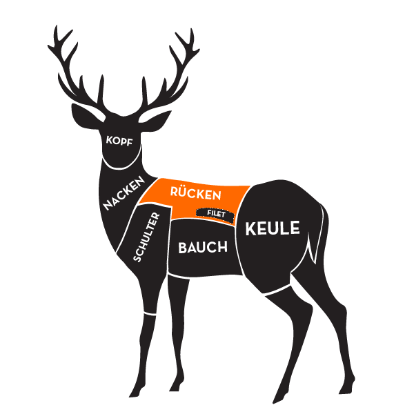 Illustration eines Hirsches mit Einteilung der Fleischbereiche