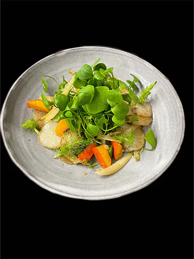 Portulak-Salat mit Fenchel | Kürbis | Topinambur | Vanille-Limetten-Vinaigrette