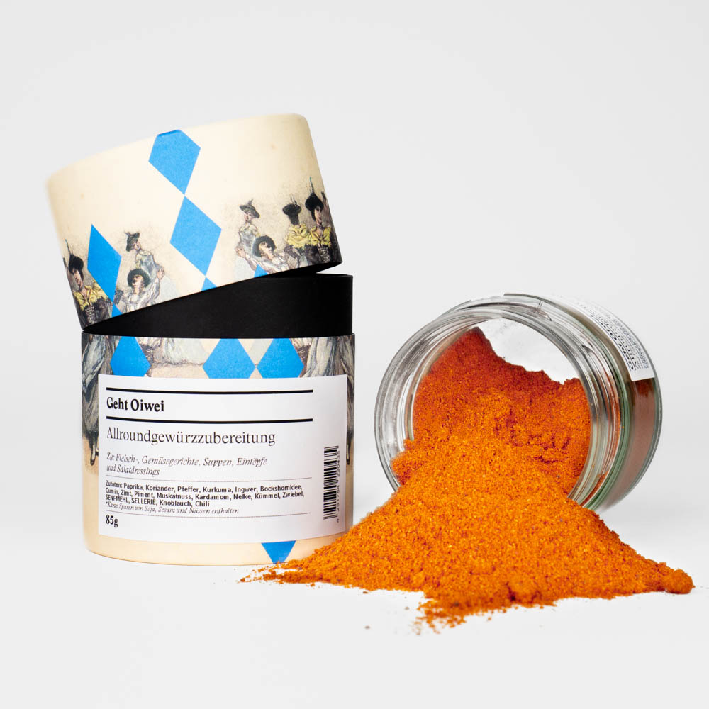 Geht Owei Gewürz – offenes Gewürzglas mit Gewürzdose im bayerischen Design daneben