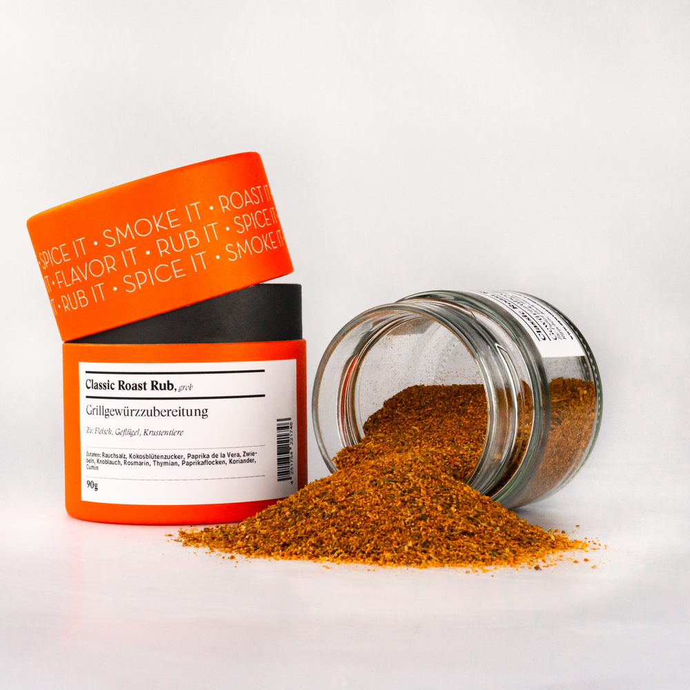Classic Roast Rub Grillgewürzzubereitung - Gewürzdose und umgekipptes Glas
