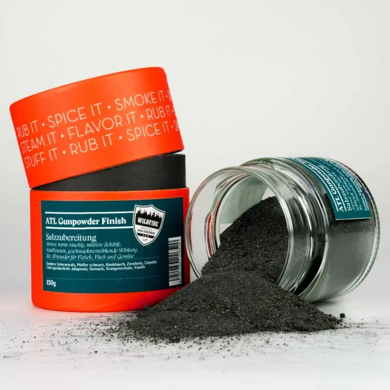 ATL Gunpowder Finish, Grillgewürz ALT gunpowder finish offenes Gewürzglas mit oranger Gewürzdose daneben