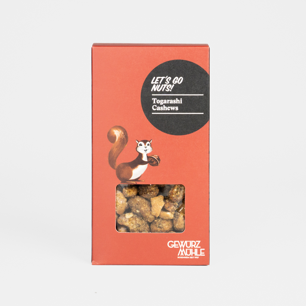 Nüsse in Pappverpackung mit Sichtfenster - Togarashi Cashews