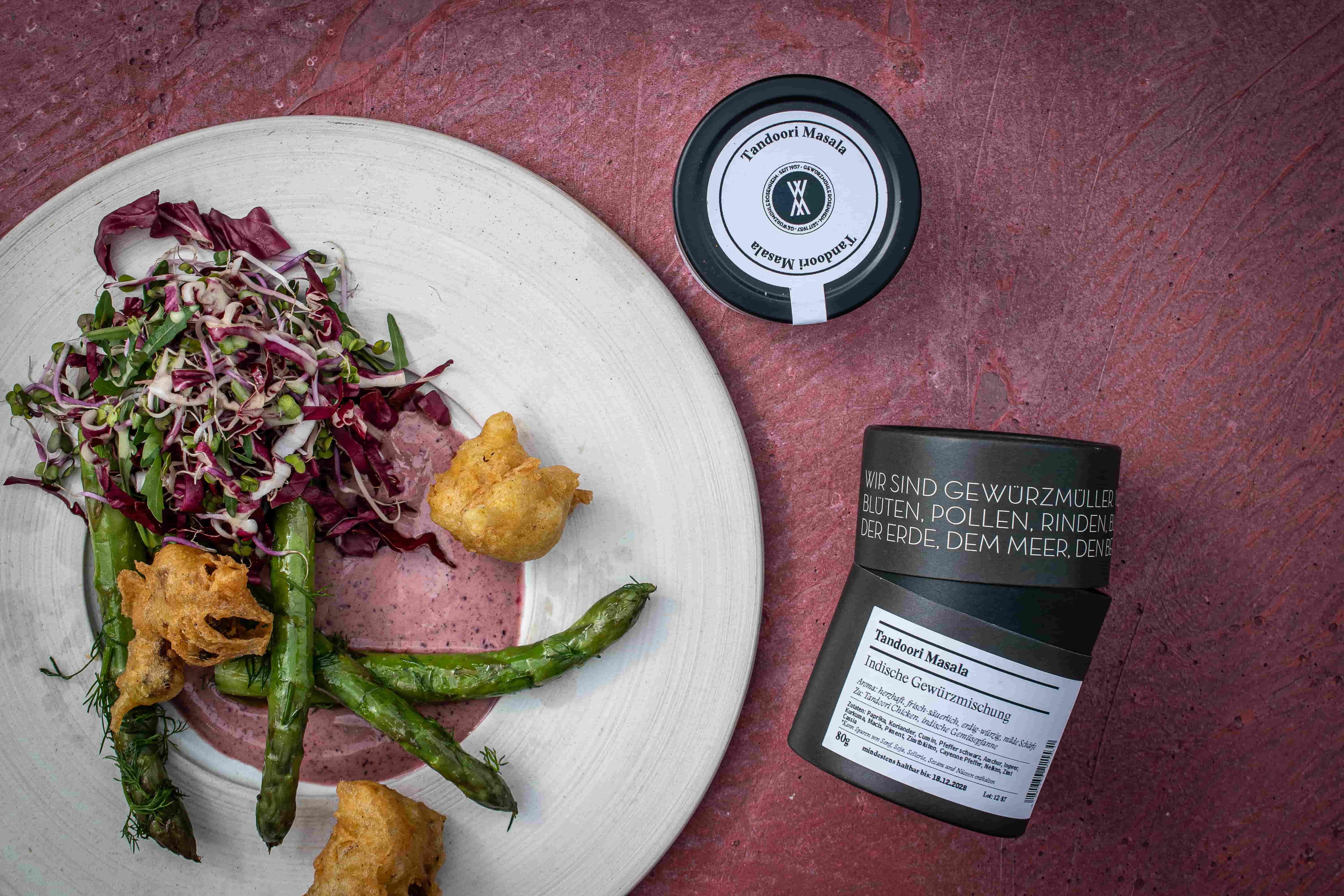 Grüner Spargel | Blumenkohl-Tempura | Purple Curry | Tandoori