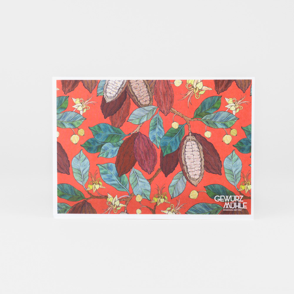 Postkarte der Gewürzmühle Rosenheim, Motiv: Kakaopflanzen auf rotem Grund