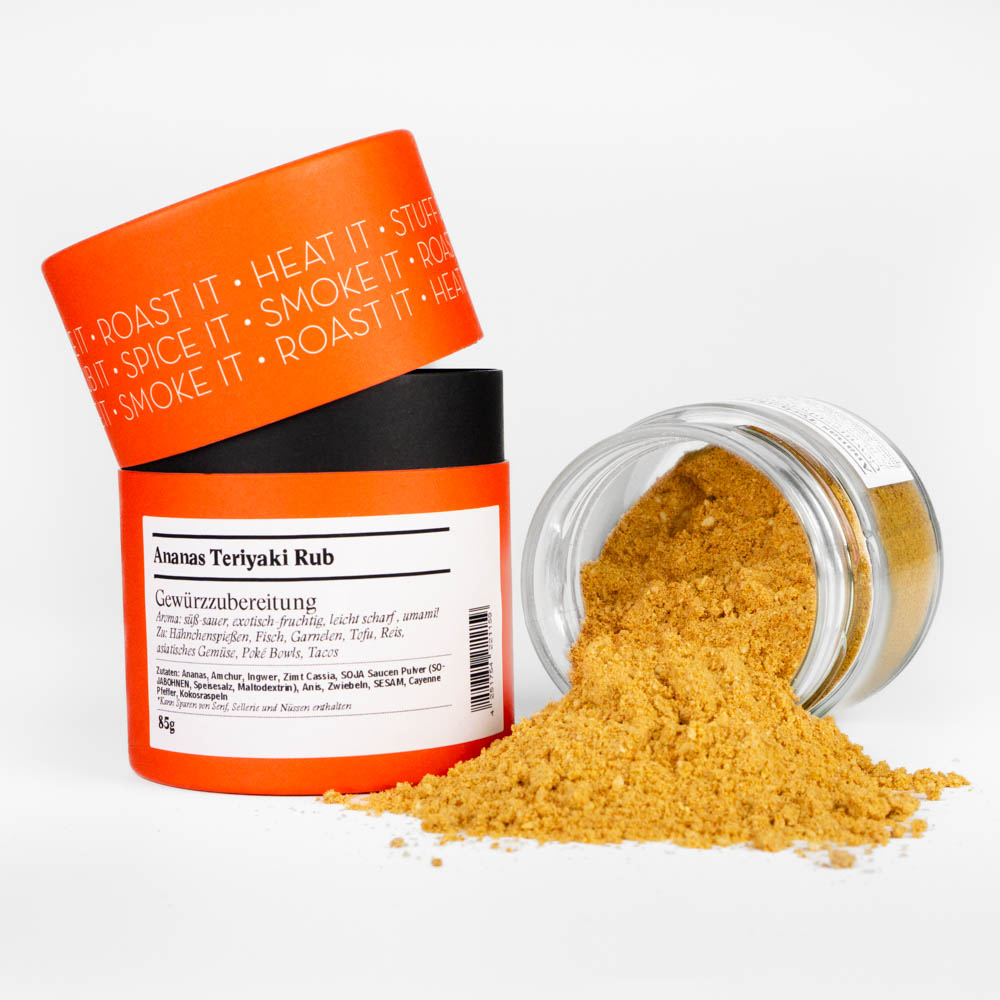 Ananas Teriyaki Gewürz Ananas Teriyaki Rub - offenes Gewürzglas mit Gewürzdose daneben