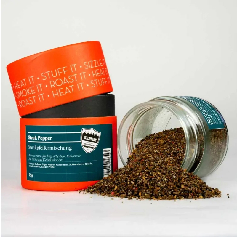 Steak Pepper, Grillgewürz Steak pepper ..... – offenes Gewürzglas mit oranger Gewürzdose daneben