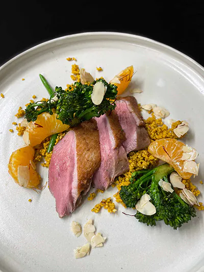 Entenbrust | Yuzu-Couscous | Safran-Mandarine | Mandeln