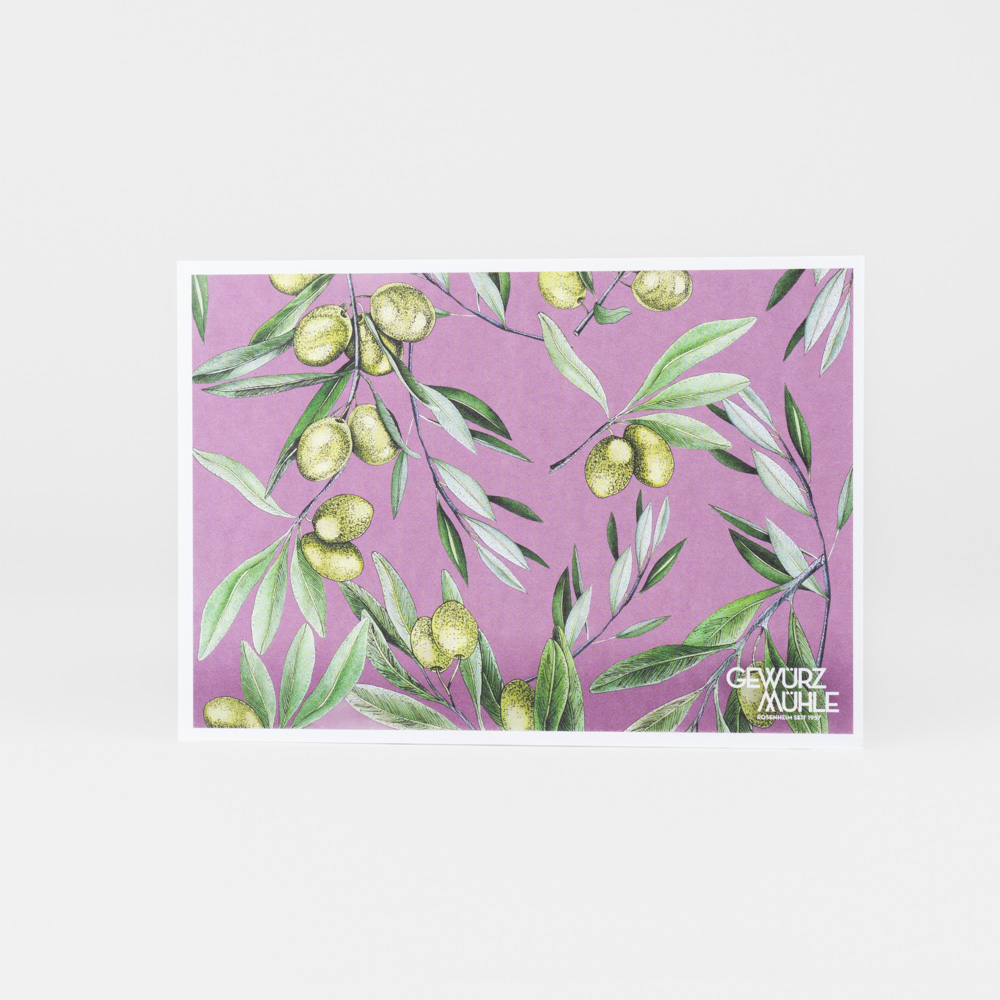 Postkarte der Gewürzmühle Rosenheim, Motiv: Olivenzweige
