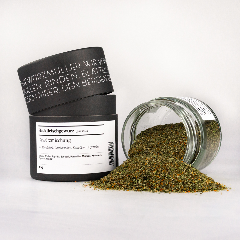 Hackfleischgewürz Hackfleischgewürz, gemahlen - offene Gewürzdose daneben