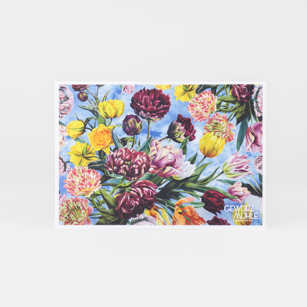 Postkarte der Gewürzmühle Rosenheim, Motiv: Blumen des Kräutertees