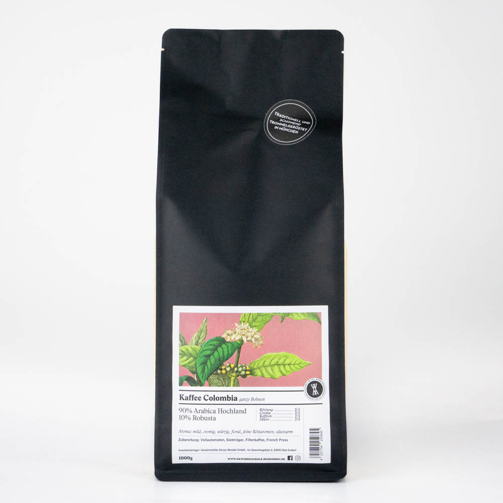 kaffee colombia 1000g Pack vor weißem Hintergrund
