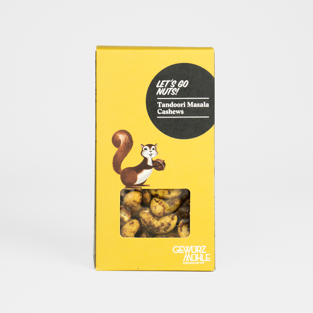 Nüsse in Pappverpackung mit Sichtfenster - Tandoori Masala Cashews