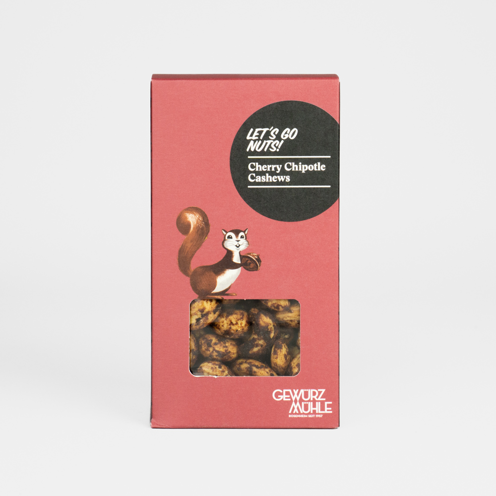 Nüsse in Pappverpackung mit Sichtfenster - Cherry Chipotle Cashews