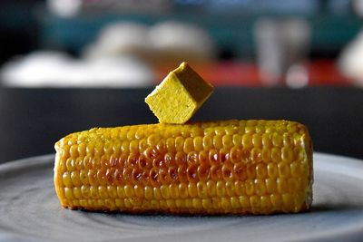Maiskolben mit Gewürzbutterwürfel serviert