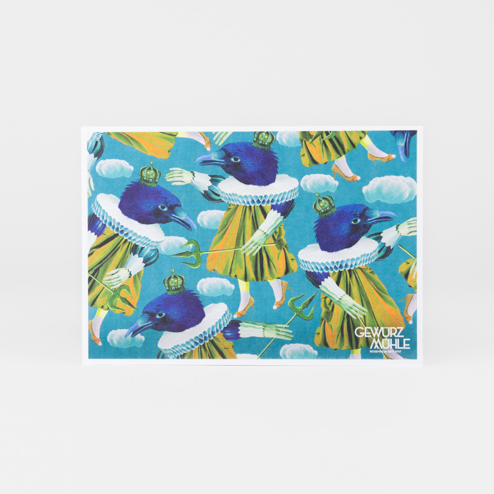 Postkarte der Gewürzmühle Rosenheim, Motiv: Blauer Rabe